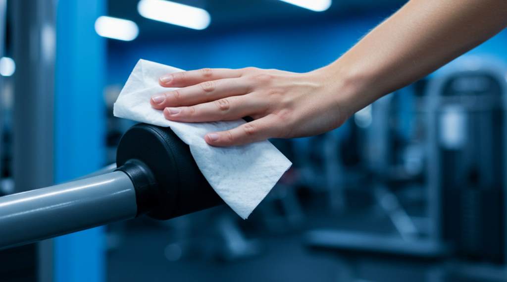 Man wiping down gym equipment with disinfectant to prevent bacteria buildup