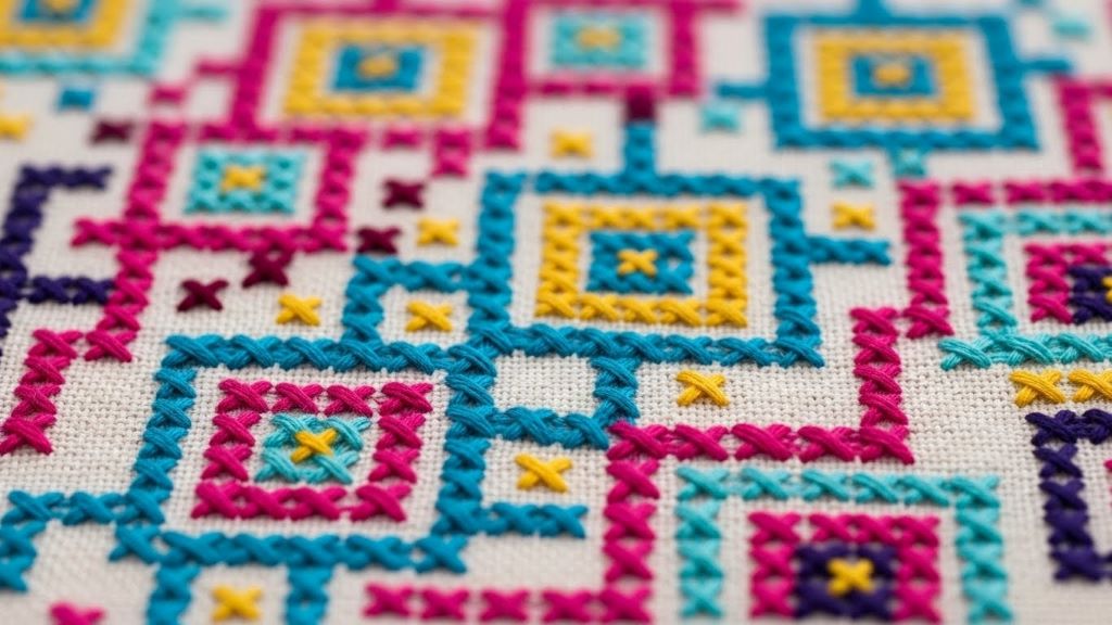 Close-up detail of intricate Mexican cross-stitch embroidery showing vibrant threadwork and geometric designs