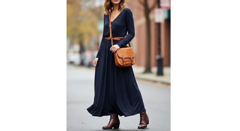Dark navy maxi dress styled with leather crossbody bag and ankle boots showing versatile casual-chic outfit combination