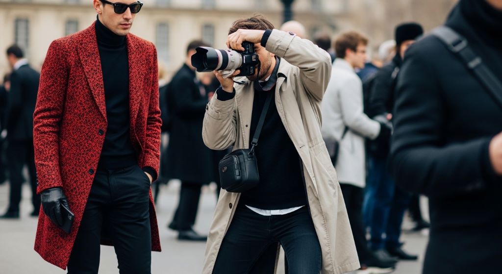 Street style photographer capturing a bold menswear look outside a Paris runway show