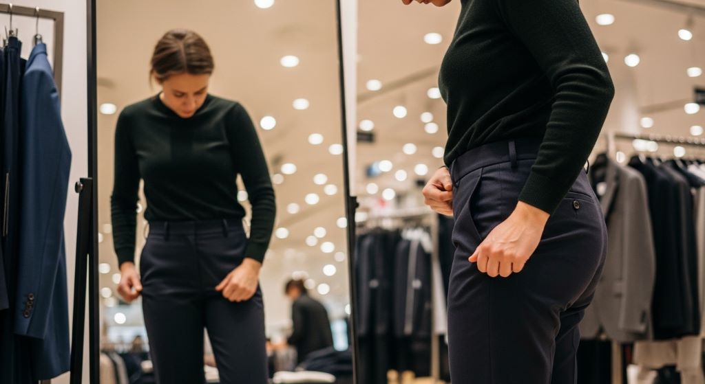 Person trying on well-fitted dark trousers checking waist and thigh fit in a clothing store