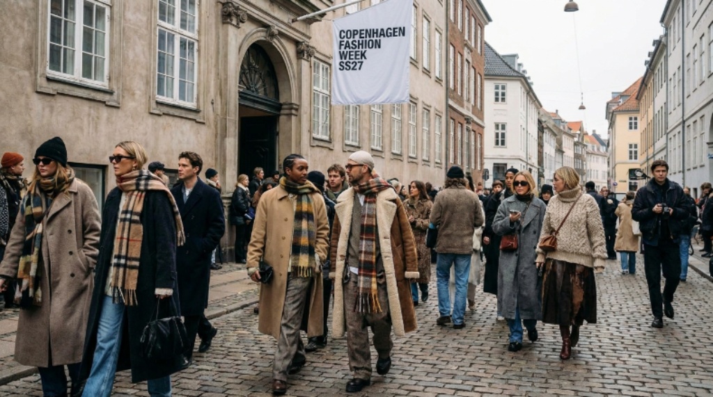 Street style attendees showcasing layered outfits outside venues at Copenhagen Fashion Week SS27