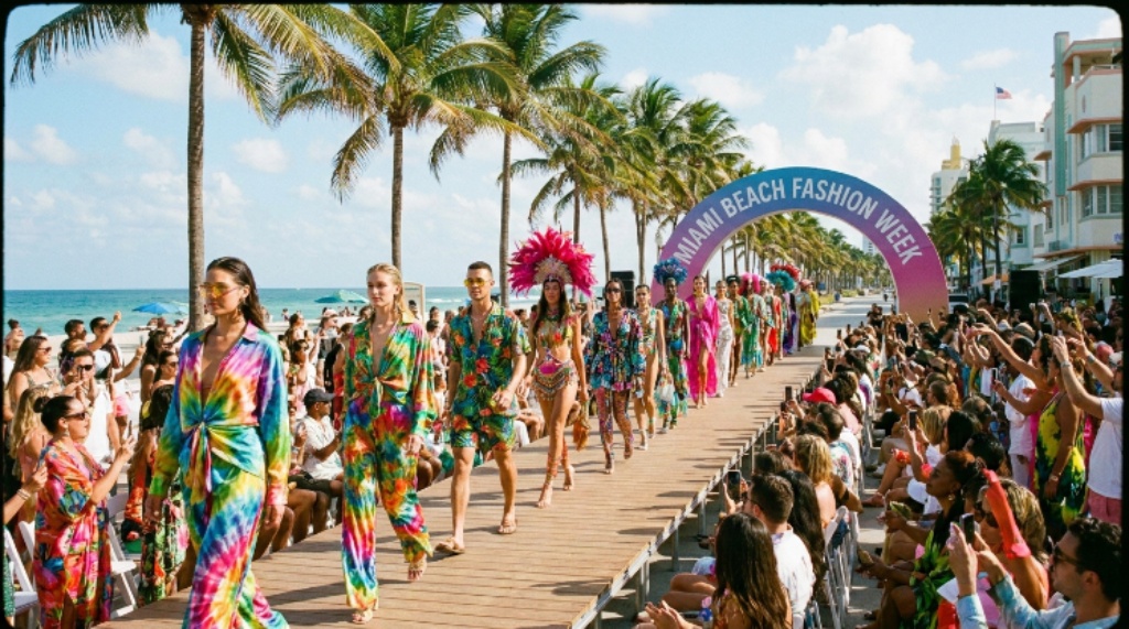Colorful fashion designs on display at a Miami Beach outdoor runway show