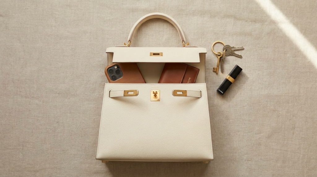 Flat lay of essentials organized inside an everyday luxury top handle bag.