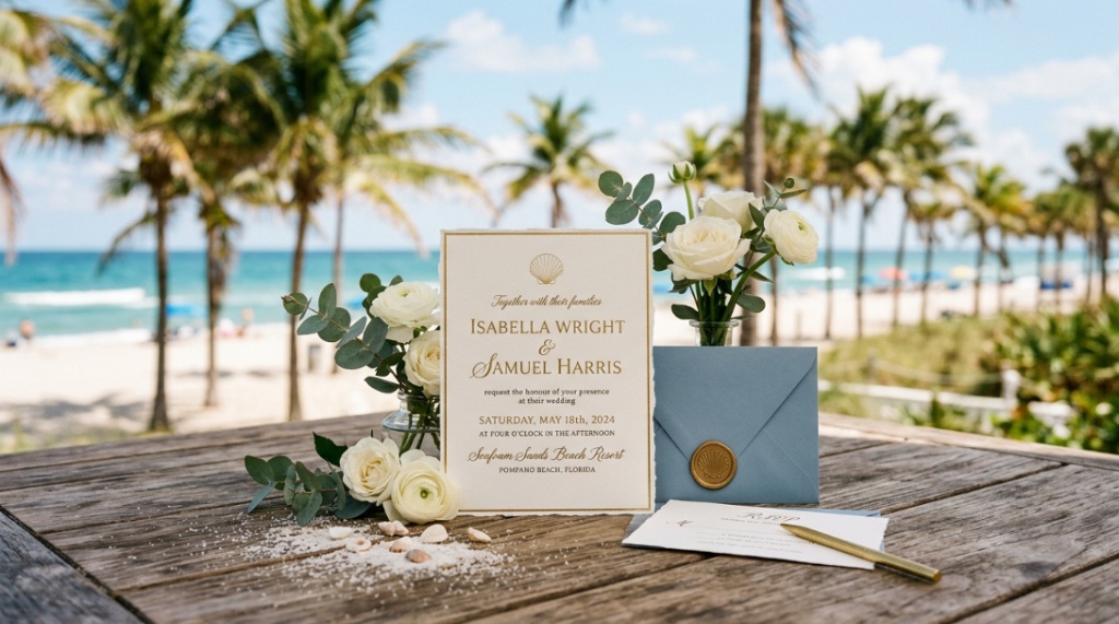 Elegant wedding invitation displayed at a sunny Florida beach venue.