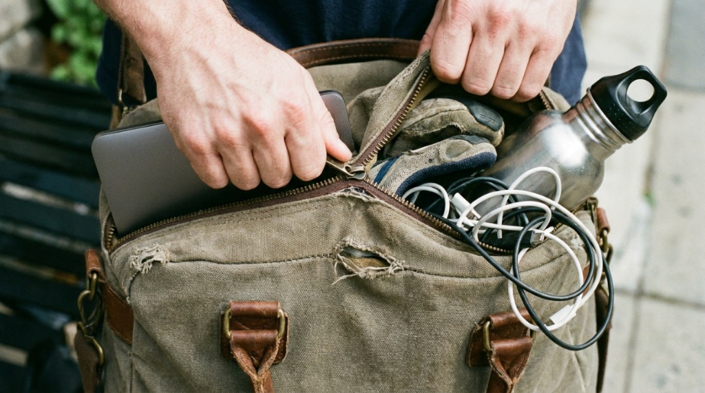 Man adjusting painful unpadded backpack straps while walking in city.