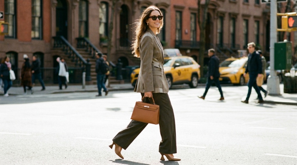 Woman walking down a city sidewalk carrying a structured top handle bag.