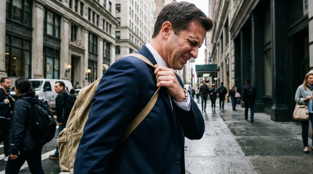 A person struggling to zip open an overstuffed daily commuter bag.