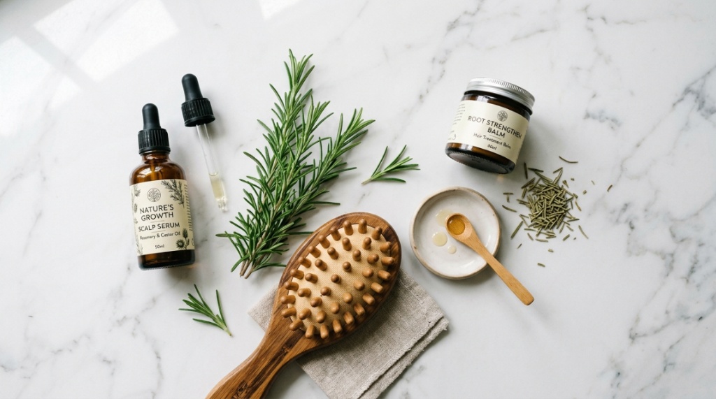 Scalp serum bottle and wooden massager on marble.