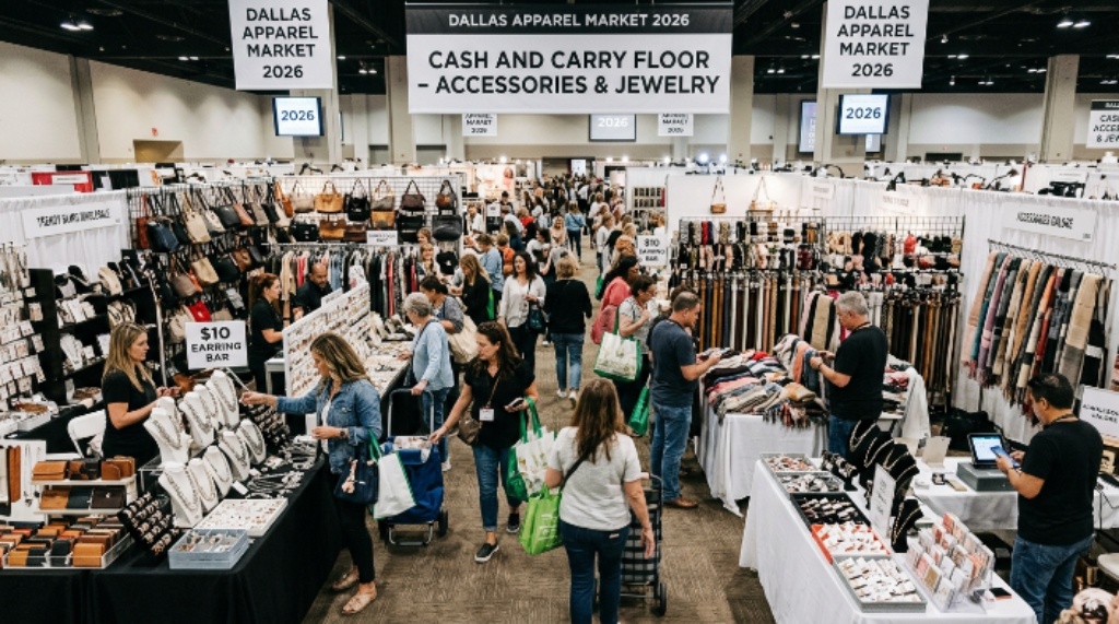 Cash and Carry floor with accessories and jewelry at Dallas Apparel Market 2026