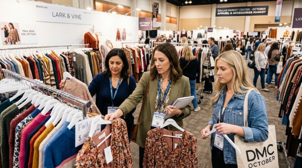 Retail buyers browsing apparel showroom at Dallas Market Center October show