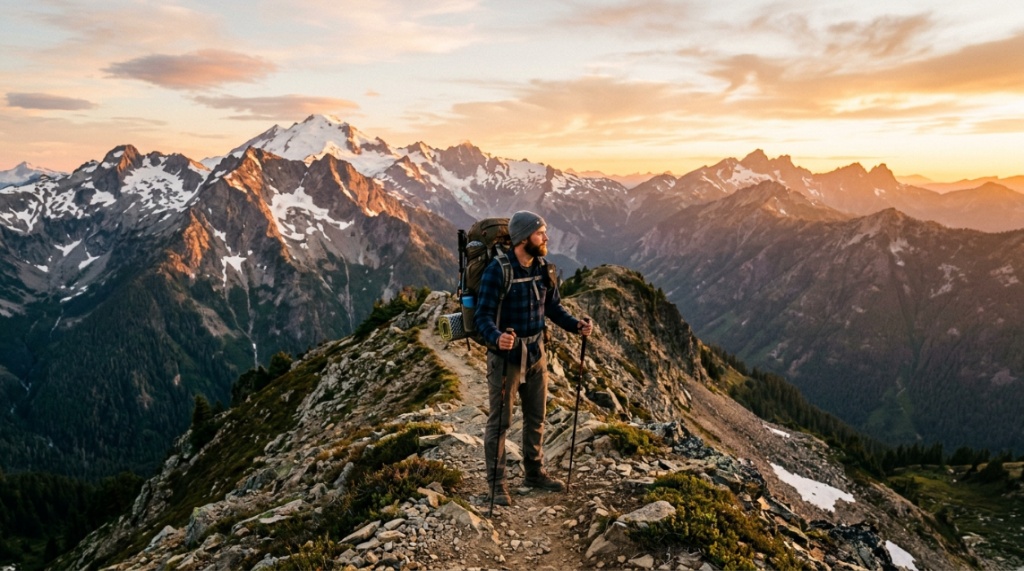 Hiker adjusting the straps of a camping backpack outdoors.