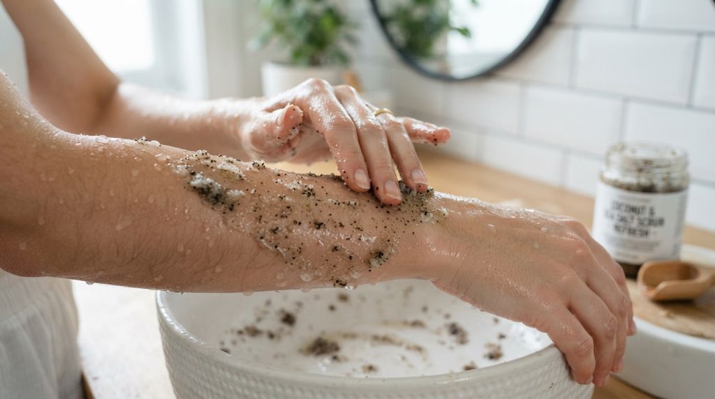 Applying a body scrub for smoother, refreshed skin