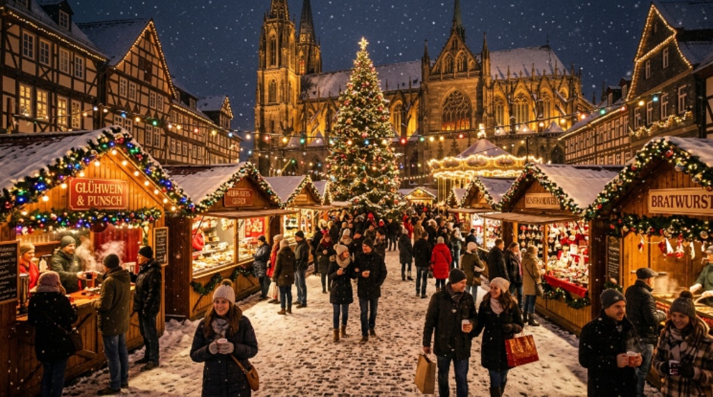 Outdoor Christmas market with colorful lights and holiday stalls on a winter evening