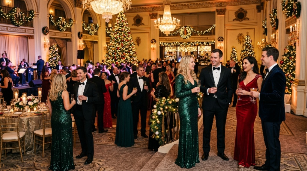 Visitors dressed in elegant holiday attire attending a Christmas gala event in a decorated ballroom