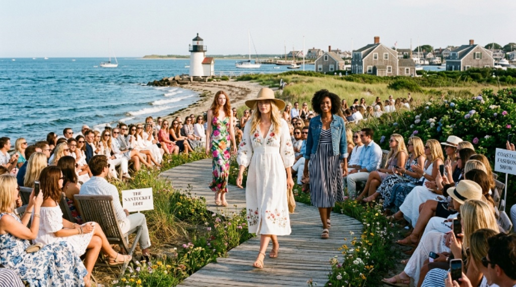 Models walking the outdoor runway at the Nantucket Edit fashion show surrounded by coastal scenery