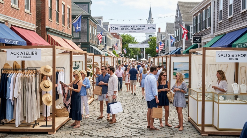 Boutique designer pop-up booths set up along Nantucket's cobblestone Main Street during the 2026 event weekend