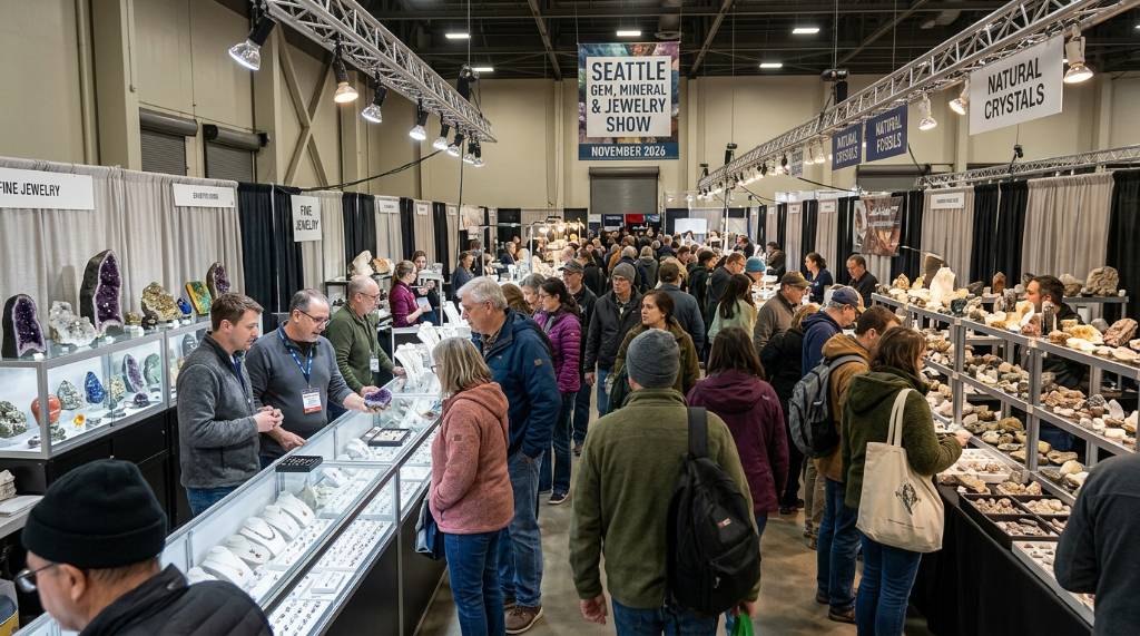 Visitors browsing fine jewelry and mineral exhibits at a Seattle gem show in November 2026